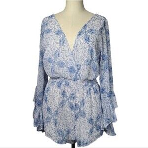 Altar'd State White Blue Paisley Print V Neck Bell Statement Sleeves Romper S